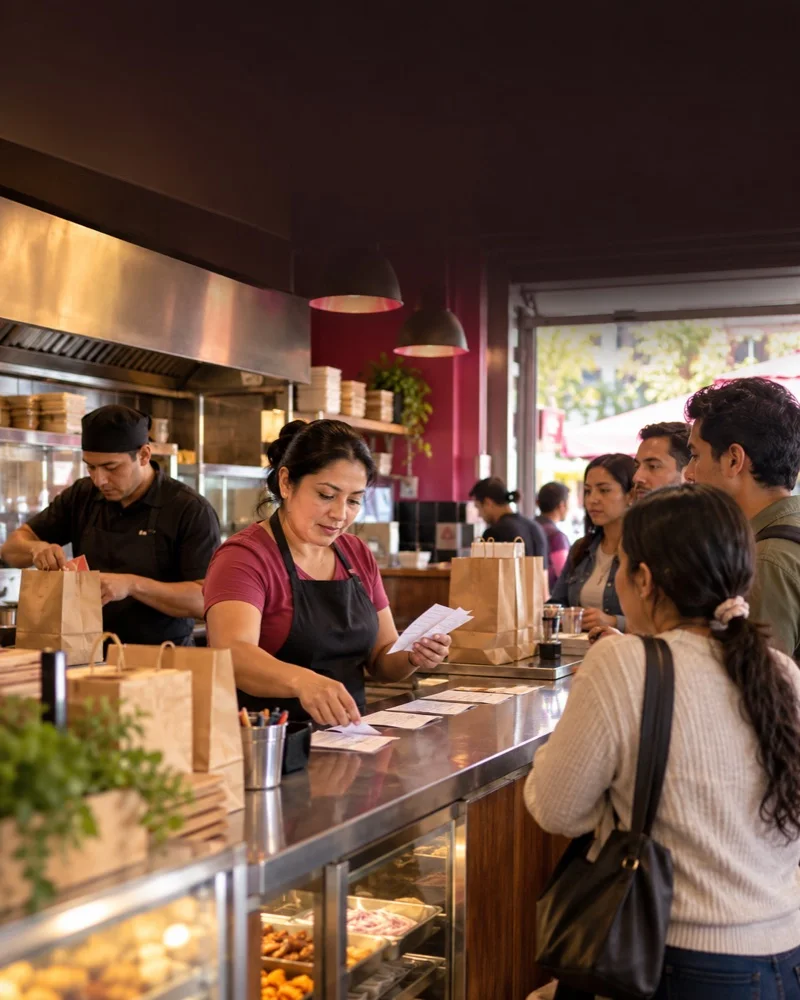 Atención en el mostrador de un pequeño negocio de comida